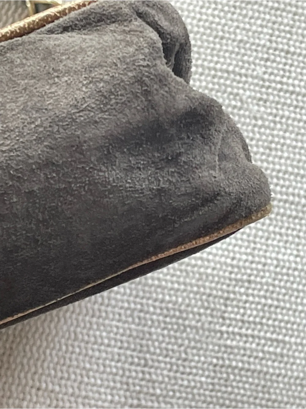 Vintage Meyers Suede Grey Taupe Bag Gold Edges Chain Strap 1970s